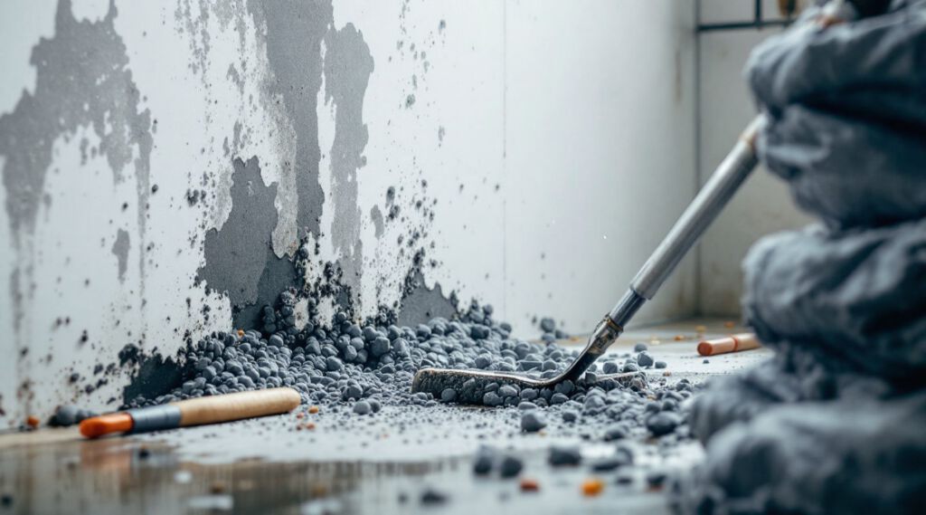 IICRC-certified mold remediation technicians in full protective gear inspecting a damp wall in an Early home, conveying urgent and professional service.