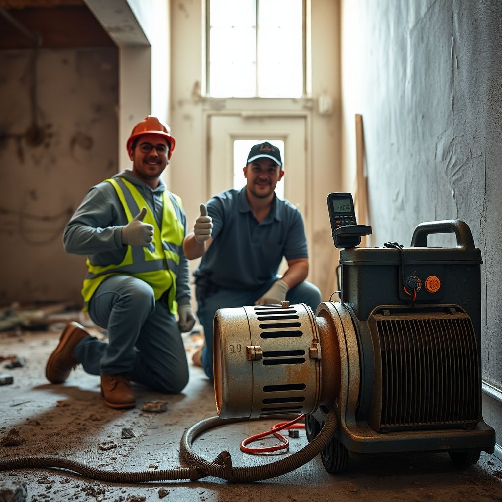 A certified mold remediation technician explaining the process to a homeowner in a clean, restored living room in Blanket, Texas.