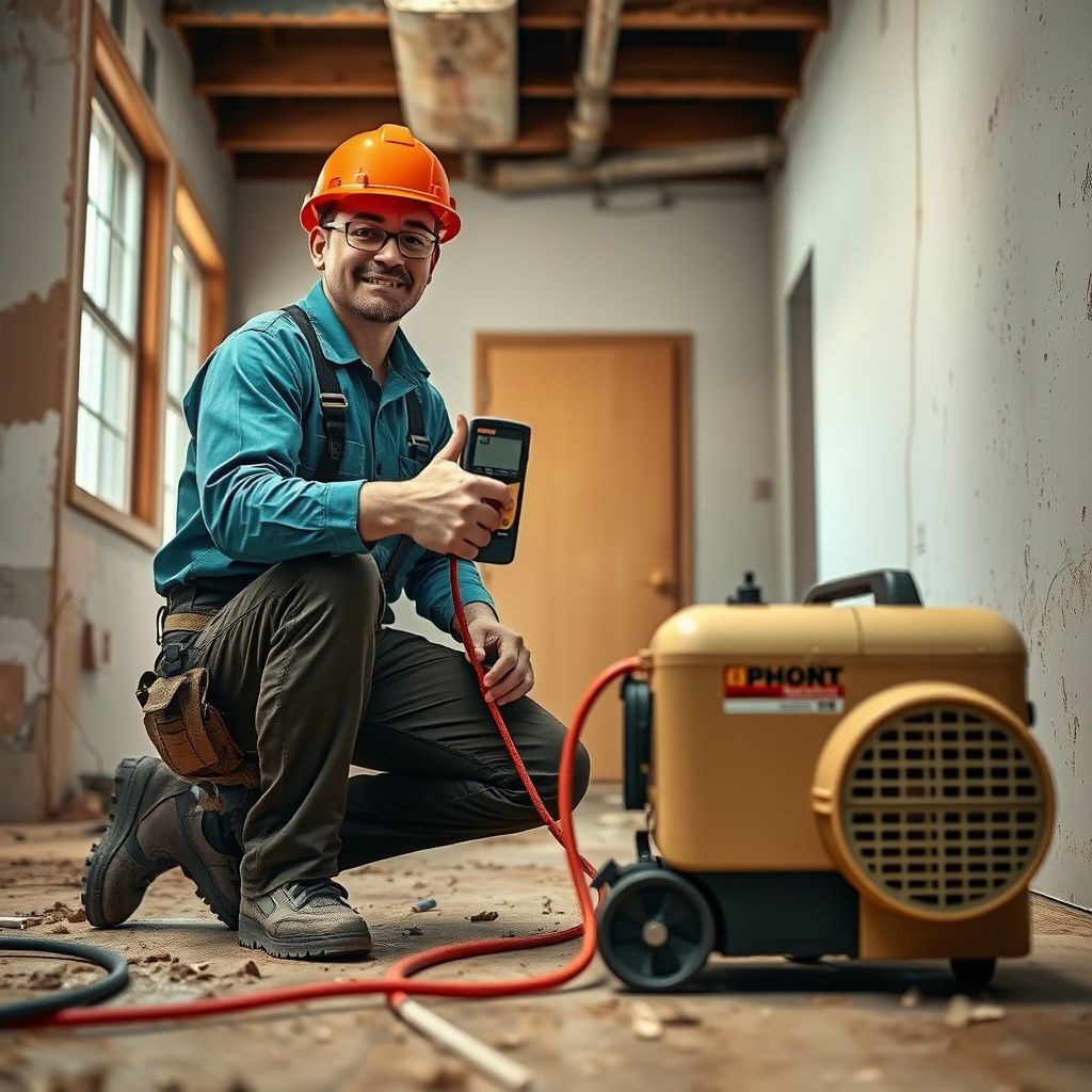A Prime Pro Mold Removal technician explaining the remediation process to a Goldthwaite homeowner, pointing to a contained area in their living room.