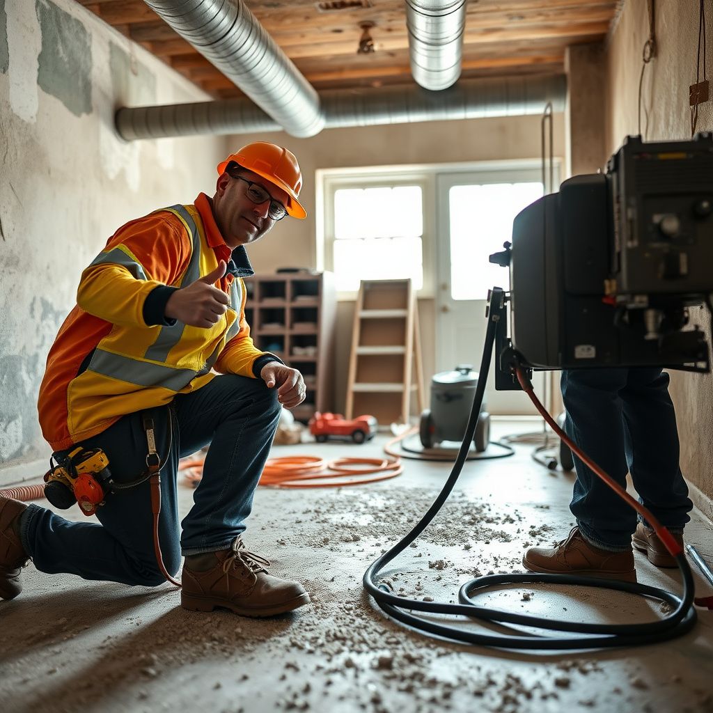 A certified mold remediation technician in protective gear inspecting a wall with a moisture meter in a May, Texas home.