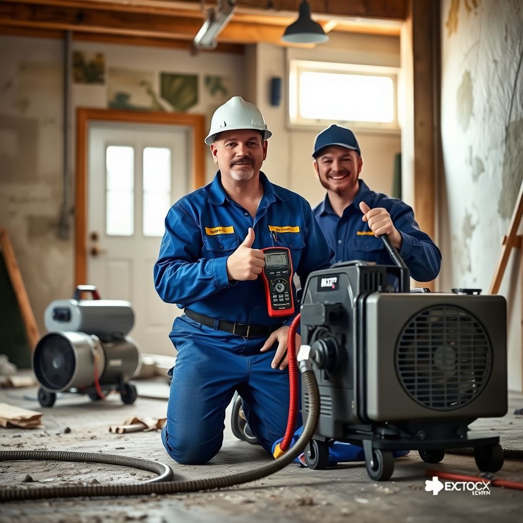 A close-up of a certified mold remediation technician wearing a respirator and protective gear, using specialized equipment to test moisture levels in a Brookesmith home.